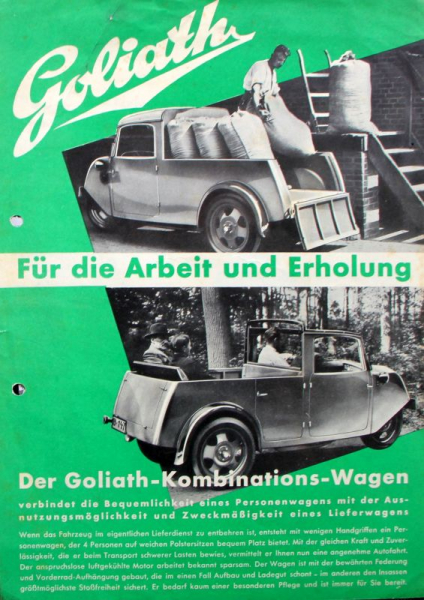 Goliath Dreiradwagen Modellprogramm 1935 "Für die Arbeit und Erholung" Automobilprospekt (2803)